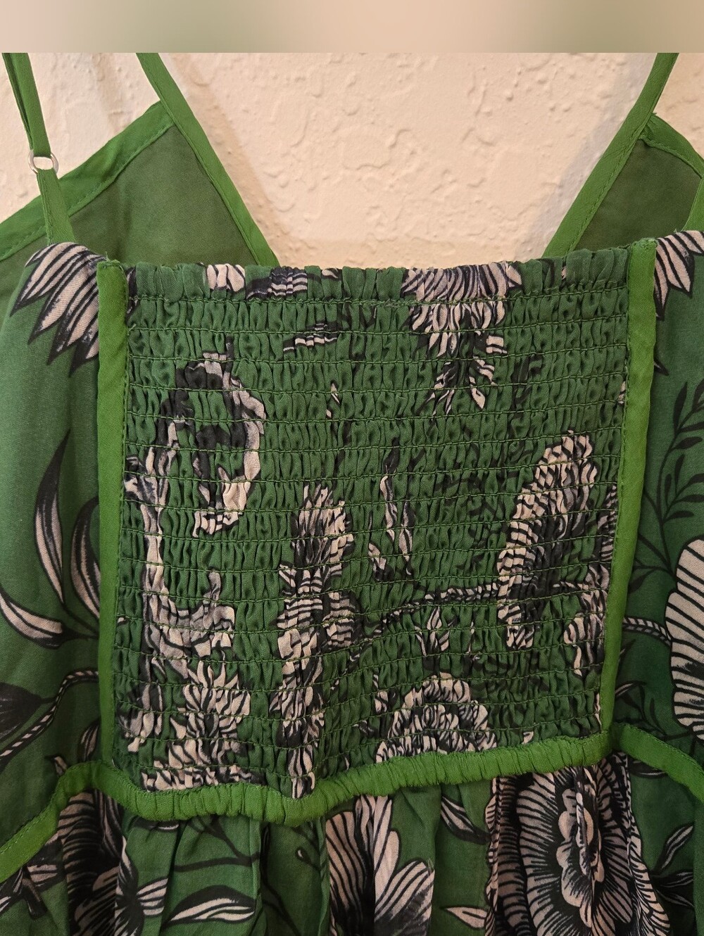 Anthropologie Green Floral Midi Dress Small Smocked Back Sweetheart Boho Cottage - Picture 4 of 11